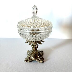 Antique Elegant Crystal & Brass Candy Dish with Lid